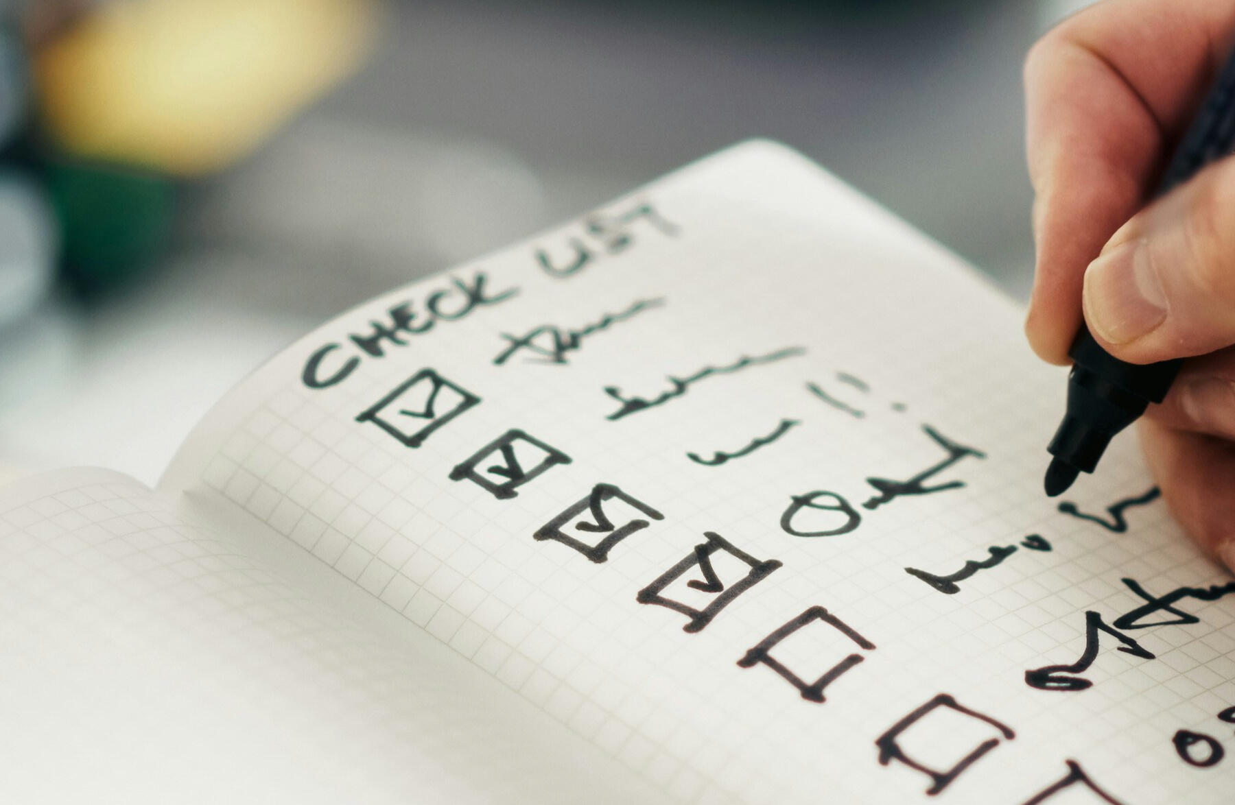 A photo of a list in black with checkmarks handwritten with a magic marker over a clear colored page of a notebook.